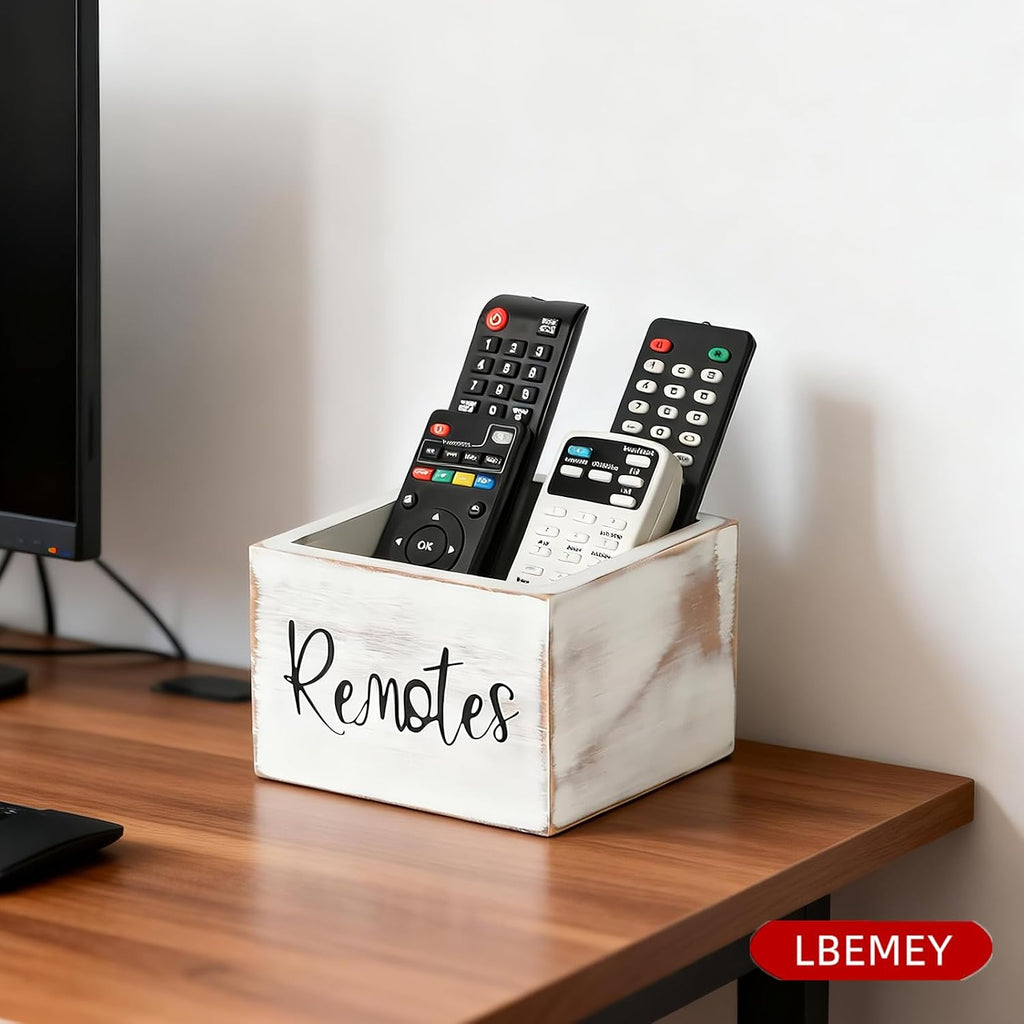 LBEMEY Wood Remote Control Holder, TV Remote Control Organizer for Home Bedroom Table, Multi-Purpose Desktop Storage (Retro White, M,for 3+ Remote Controls)