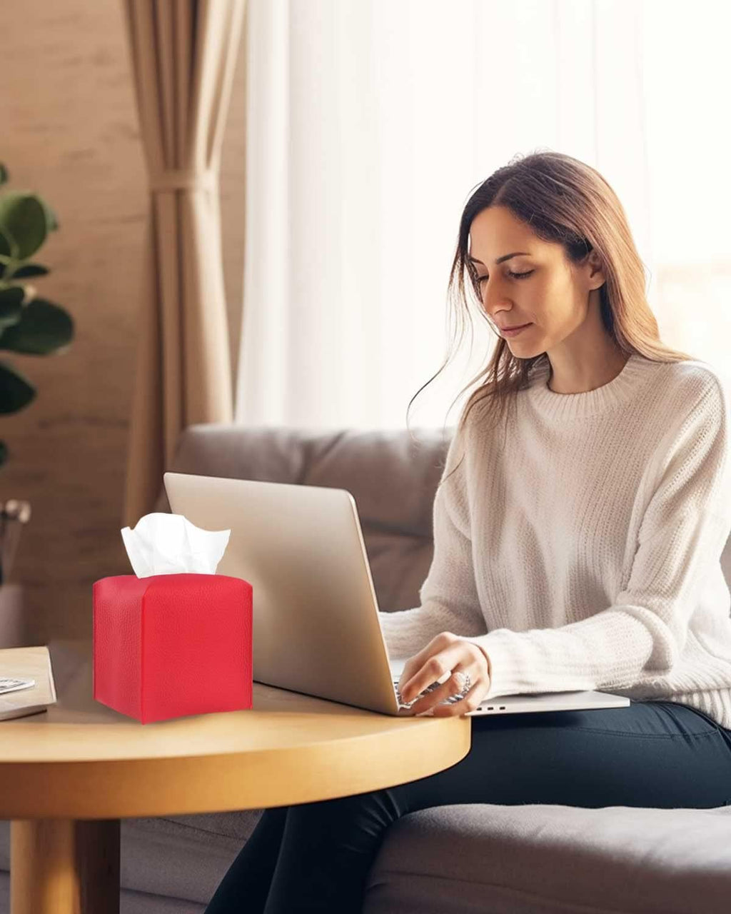 Red Tissue Box Cover Square – with Bottom Belt [JESMINI, Red] Modern PU Leather Tissue Cube Box Holder Decorative for Bathroom Vanity Countertop/Night Stands/Office Desk, 5x5x5