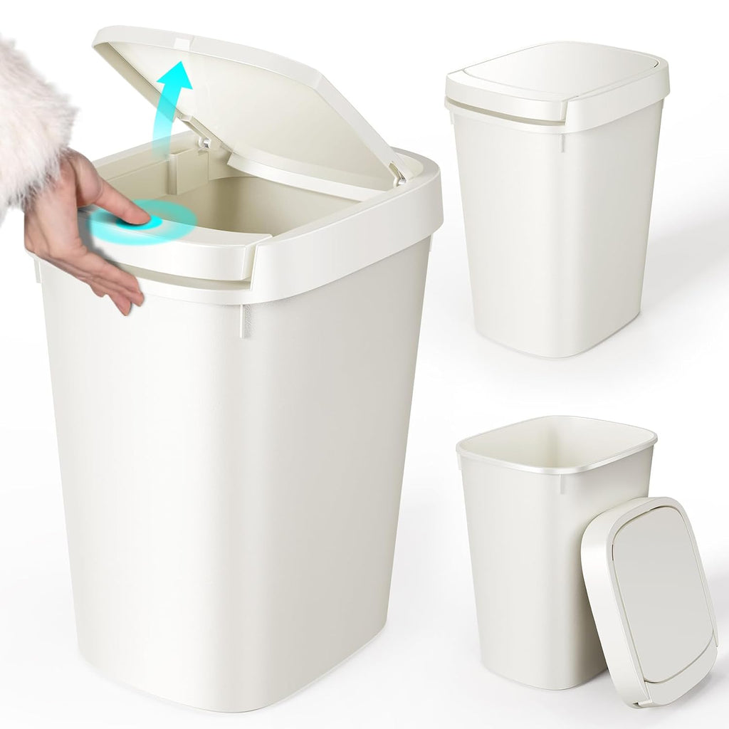 CEROELDA 3 Pack Bathroom Trash Can with Lid, 10L/2.6 Gal Small Garbage Can with Press Top Lid, Slim Plastic Waste Basket for Toilet, Office, Bedroom (White, 3 Pack)