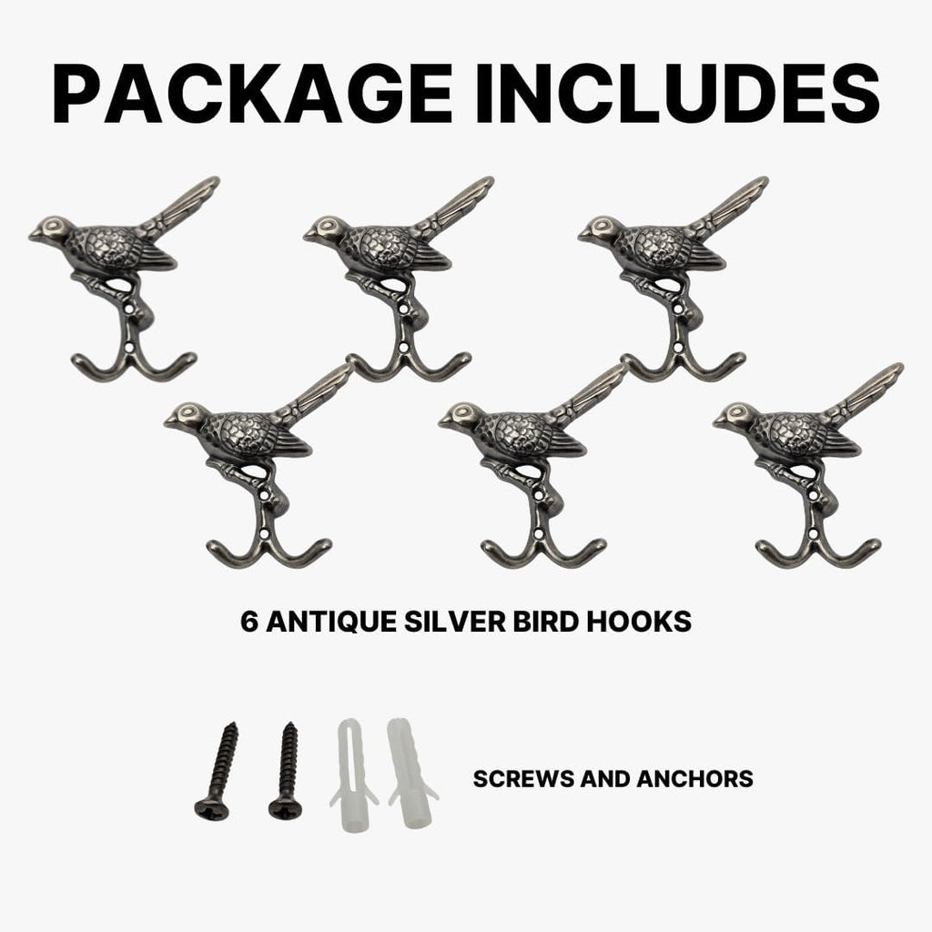 6 pcs Antique Silver Bird Decorative Wall Hooks for Hanging Coats, Keys, Towels, Bags, and More