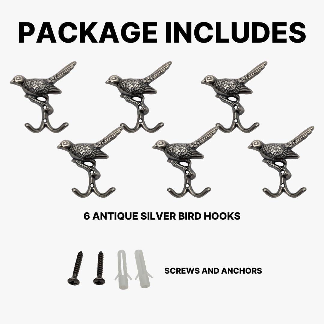 6 pcs Antique Silver Bird Decorative Wall Hooks for Hanging Coats, Keys, Towels, Bags, and More