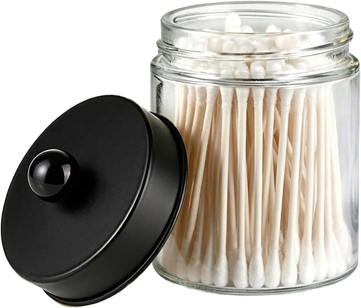 Amolliar Glass Apothecary Jar Qtip Holder w/Metal Lids, Black