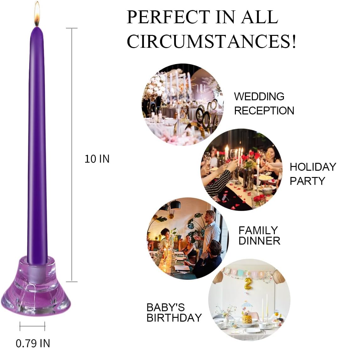 Purple Taper Candles, Set of 20 Unscented and Smokeless 10 Inch Taper Candles Long Burning, Paraffin Wax with Cotton Wicks for Burning Approxinately 7-8 Hours Time