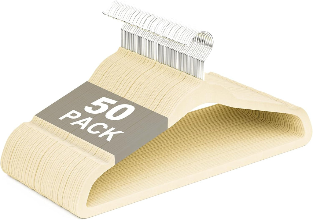 Velvet Felt Hangers 50 Pack, Non Slip, Slim, Space Saving, Ivory