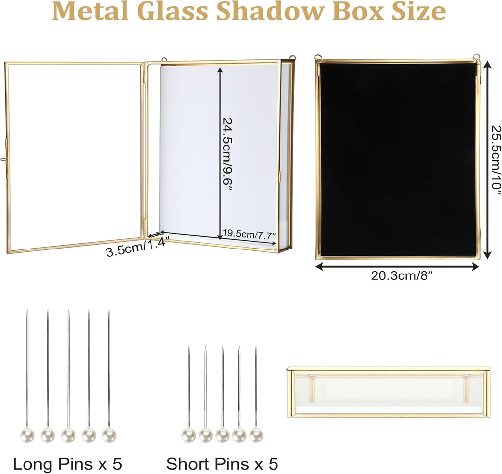 ELLDOO Shadow Box Frame 8x10inch - Glass Display Case with White Foam Backplane and Pins for Tabletop and Wall Display, Gold Metal Keepsakes Memory Box for Wedding Bouquet Memorabilia Medals Photos