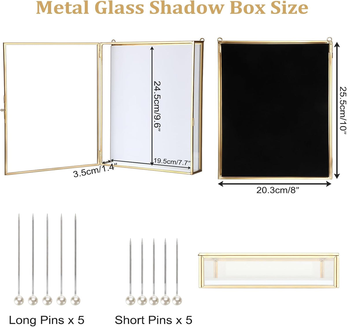 ELLDOO Shadow Box Frame 8x10inch - Glass Display Case with White Foam Backplane and Pins for Tabletop and Wall Display, Gold Metal Keepsakes Memory Box for Wedding Bouquet Memorabilia Medals Photos