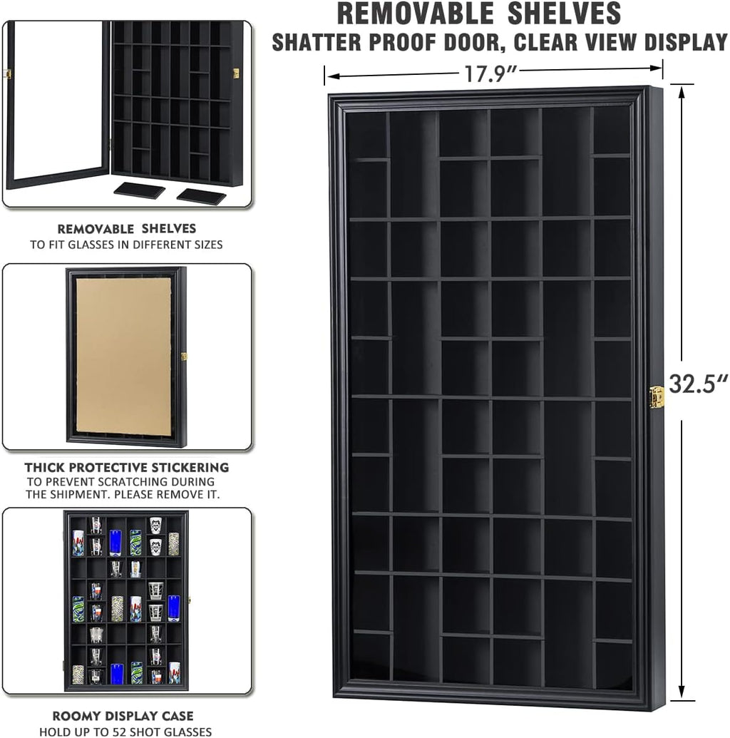 Shot Glass Storage Display Case Large 52-Slot Wooden Cabinet Rack Holder