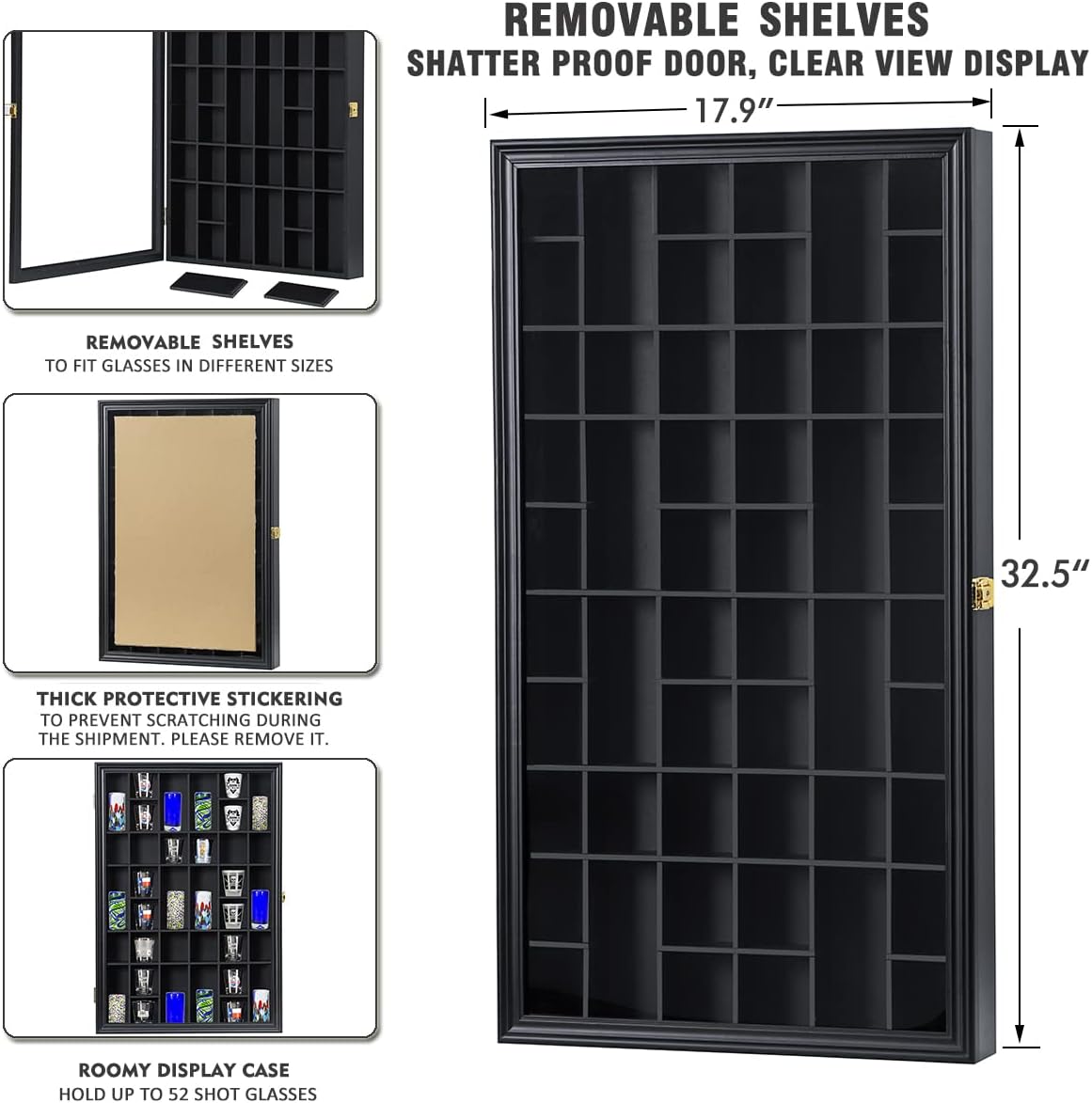 Shot Glass Storage Display Case Large 52-Slot Wooden Cabinet Rack Holder