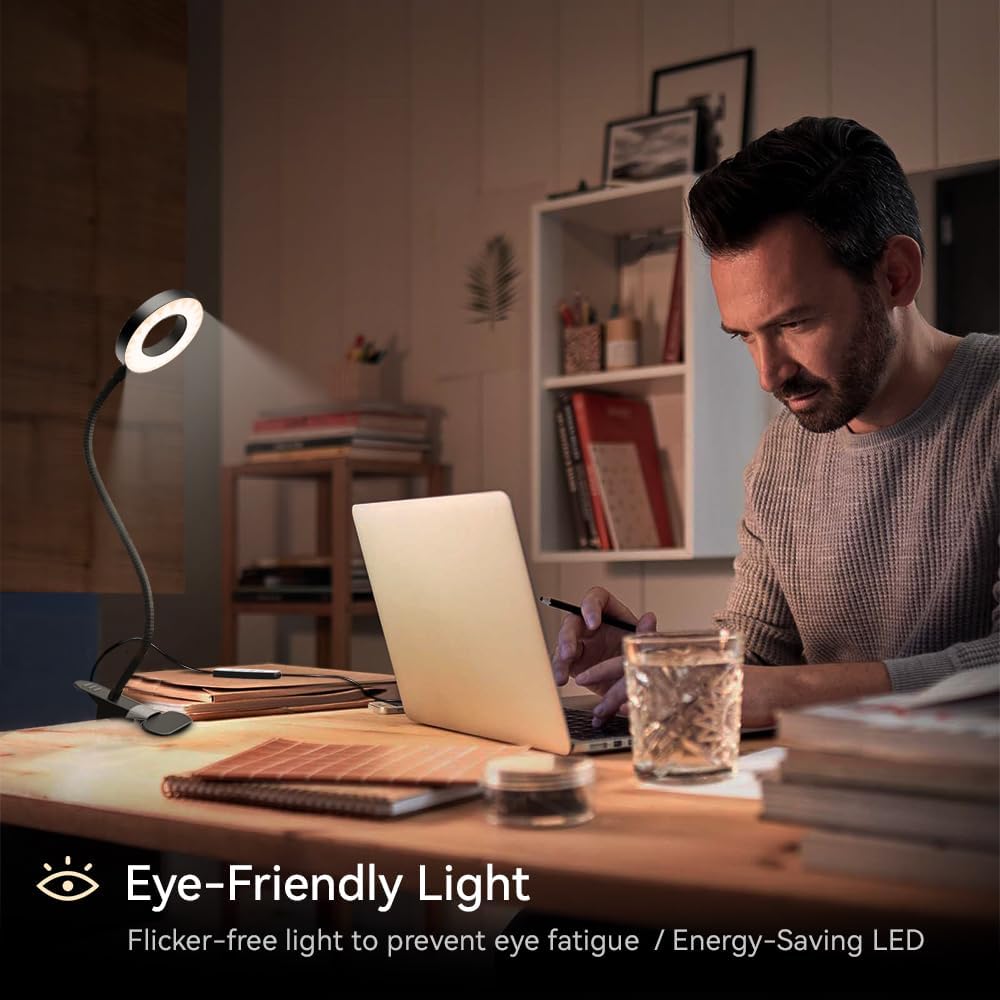 LED Desk Lamp Clip on Light with 3 Color Modes 10 Brightness Ring/Clamp Light 360° Adjustable Neck Dimmable Eye Protection Desk Lamps for Home Office (2 Pack Clip Lamp)