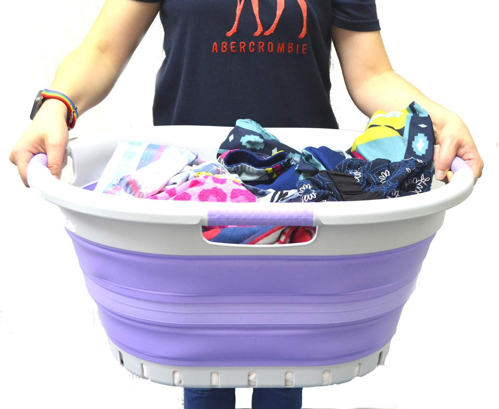 SAMMART 36L (9.5 gallon) Collapsible 3 Handled Plastic Laundry Basket-Foldable Pop Up Storage Container/Organizer-Space Saving Basket (3 handled Oval, Grey/Purple)