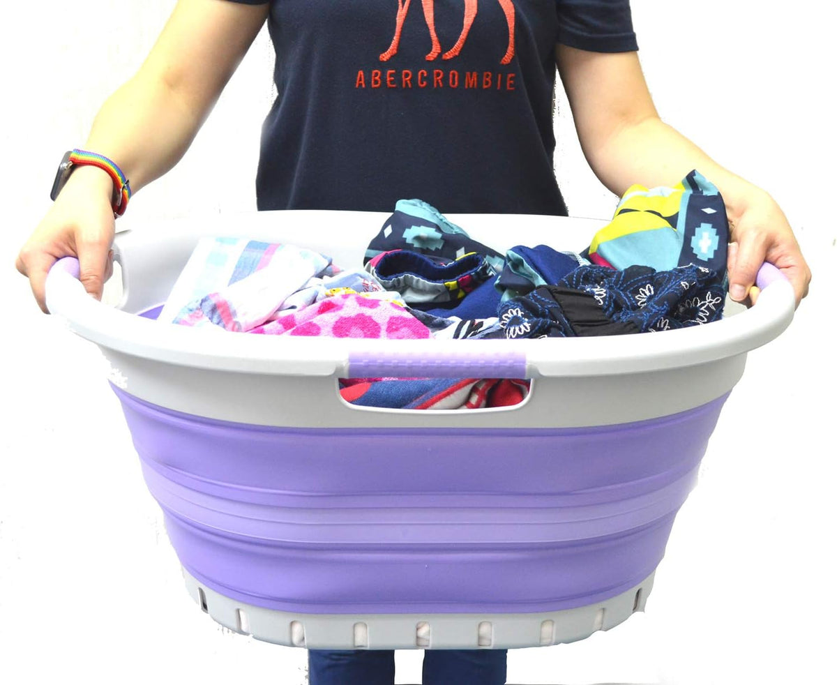 SAMMART 36L (9.5 gallon) Collapsible 3 Handled Plastic Laundry Basket-Foldable Pop Up Storage Container/Organizer-Space Saving Basket (3 handled Oval, Grey/Purple)
