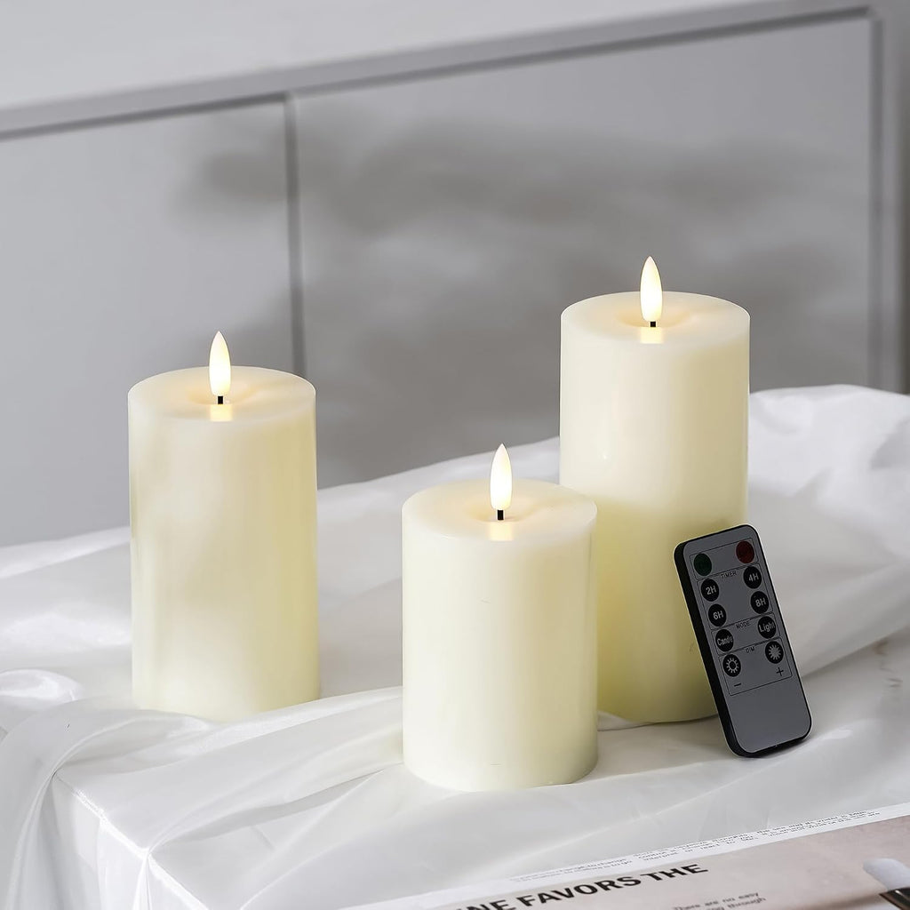 Stmarry Ivory Flameless Candles with Remote and Timer, Real Wax Made LED Pillar Candles Battery Operated with 3D Flickering Flame - 3" x 4", 3" x 5", 3" x 6" - Set of 3