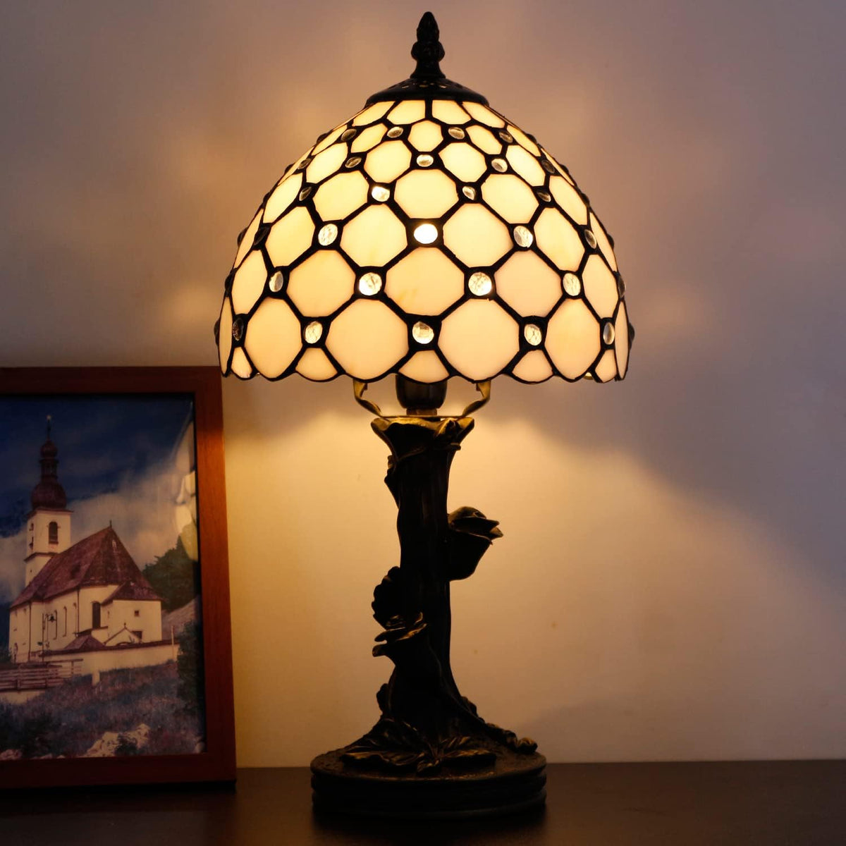 Tiffany Lamp Stained Glass Table Lamp White Crystal Pearl Bead Style