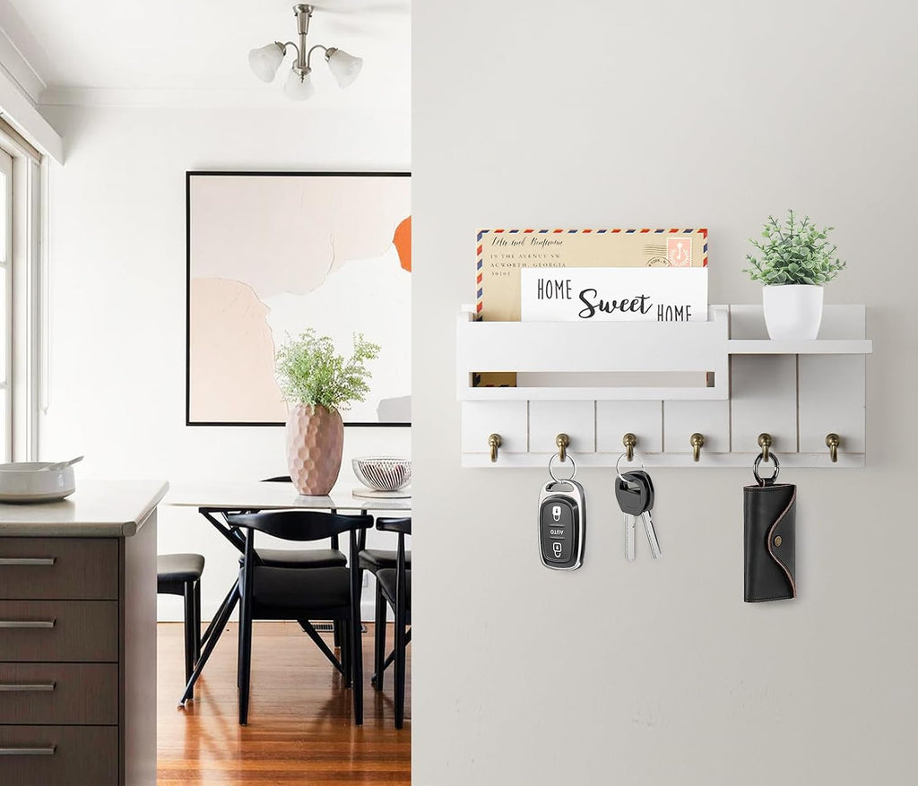 RelaxScene Key Holder Wall Mount - Key Hooks for Wall Decor Living Room - Wooden Key Hanger Rack and Mail Organizer with Shelf for Home Essentials - Modern Entryway House Decor Aesthetic
