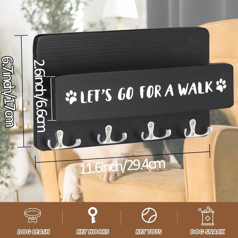 Wood Dog Leash Holder for Wall, with 4 Double Key Hooks