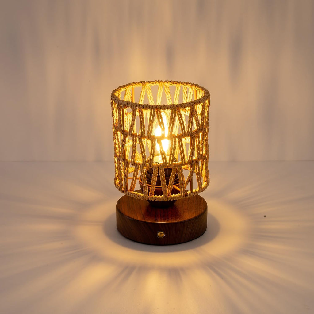 Cordless Operated Rattan Lamp, 5000mAh Rechargeable Dimmable Handwoven Open Weave Drum Table Lamp with Edison Bulb, Boho Nightstand Light for Bedroom Home Decor