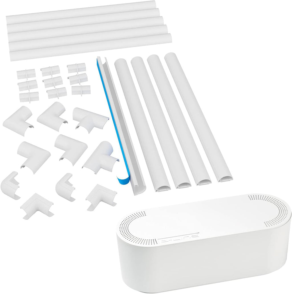 D-Line Cable Management Box (Small) & Medium Cable Raceway Multipack 10x 1.18 (W) x 0.59" (H) x 15.7" Lengths (13.12ft Total) with 19 Accessories - White