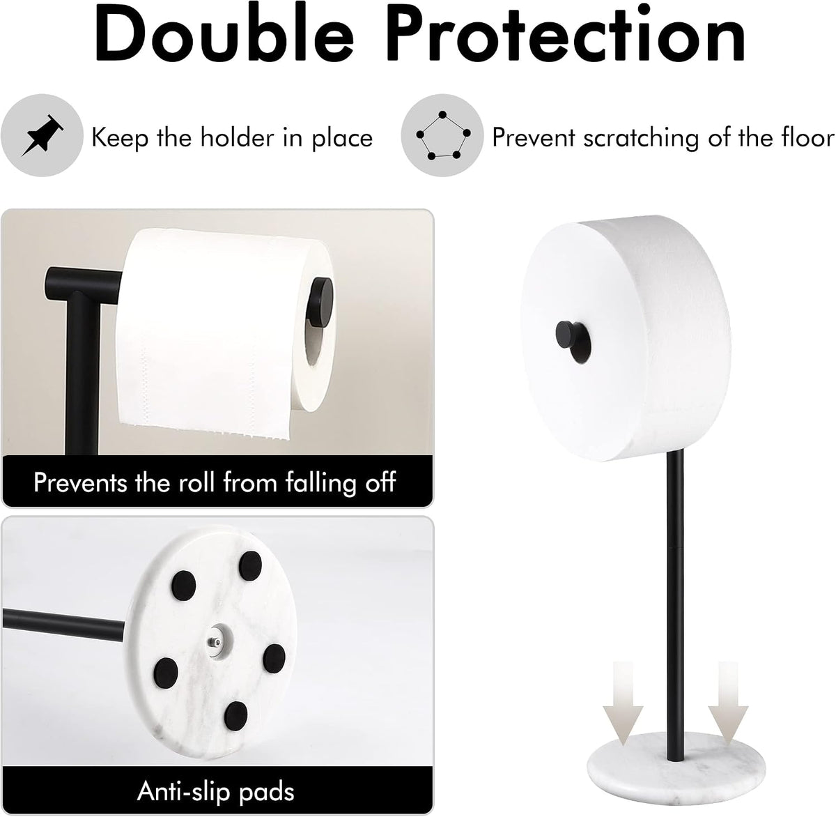 KES Black Toilet Paper Holder Stand Freestanding Toilet Paper Stand for Bathroom Tissue Roll Holder with Marble Base, 18/8 Stainless Steel Matte Black, BPH284S1-BK