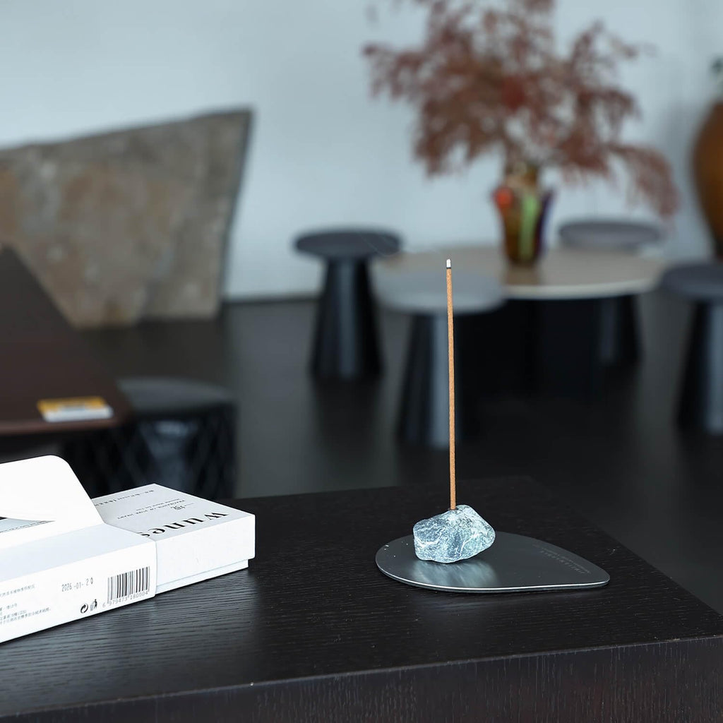 Marble Incense Stick Holder Handmade Irregular Stone and Steel Ash Catcher