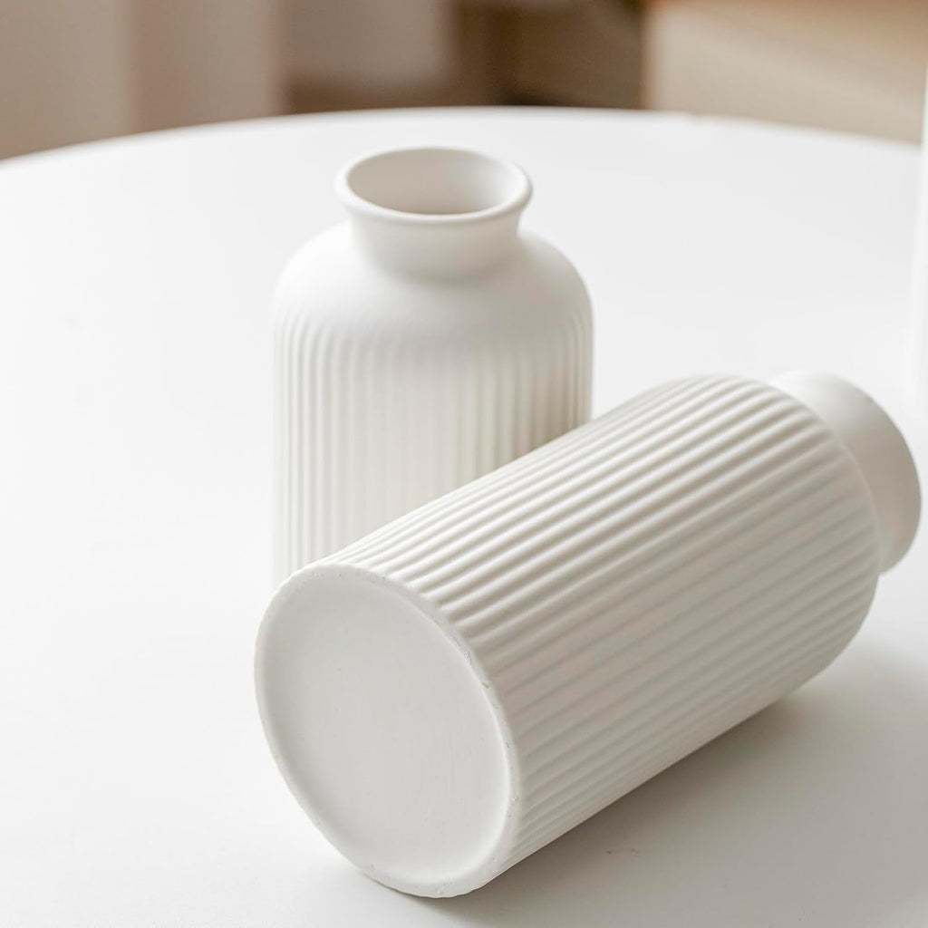 Large Modern Ceramic Vase Set, White Ribbed Matte Design, 3-Piece Decorative Vases for Home, Living Room, Office (XL White)