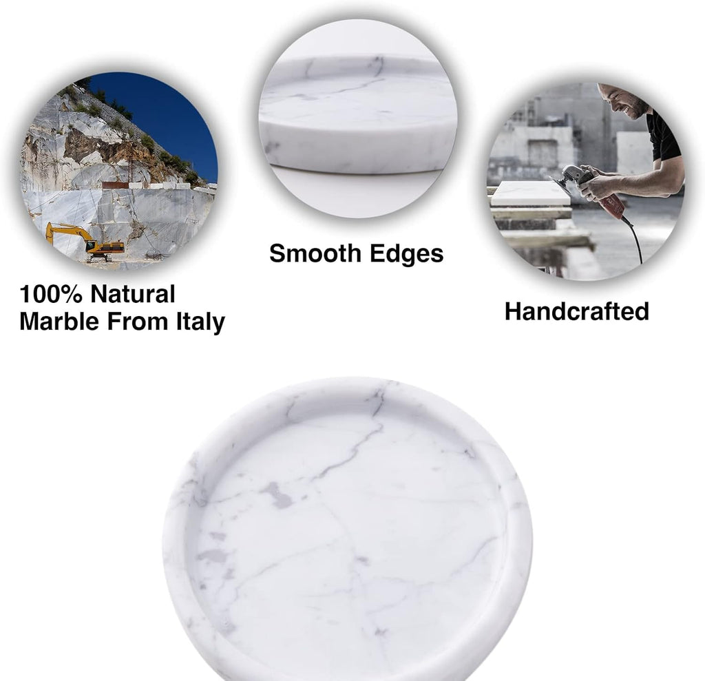 Italian 100% Marble Round Vanity Tray 5.5'', Decorative & Fruit Serving Trays for Bathroom, Kitchen, Nightstand, Jewelry Ring Dish Holder, Table Accents Decor, White