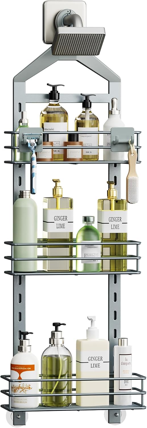 Orimade Adjustable Anti-slip Shower Caddy Overhead, Rustproof Hanging Shower Organizer With 2 Razor Hooks - No Drilling, 3-Tier Shelves, Silver Grey