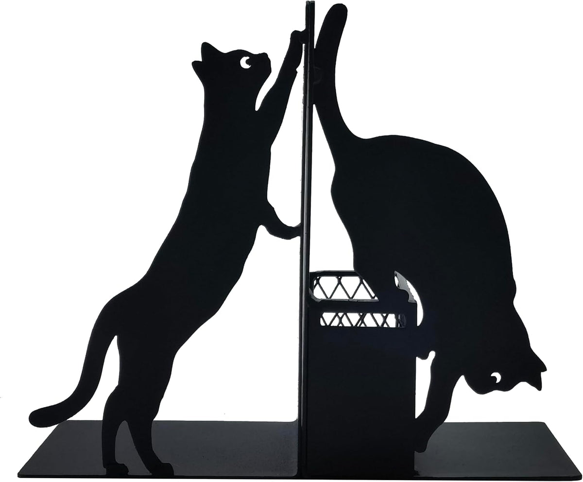 Cat Metal Bookends with Pen Holder, Cute Book Ends for Shelves Decorative
