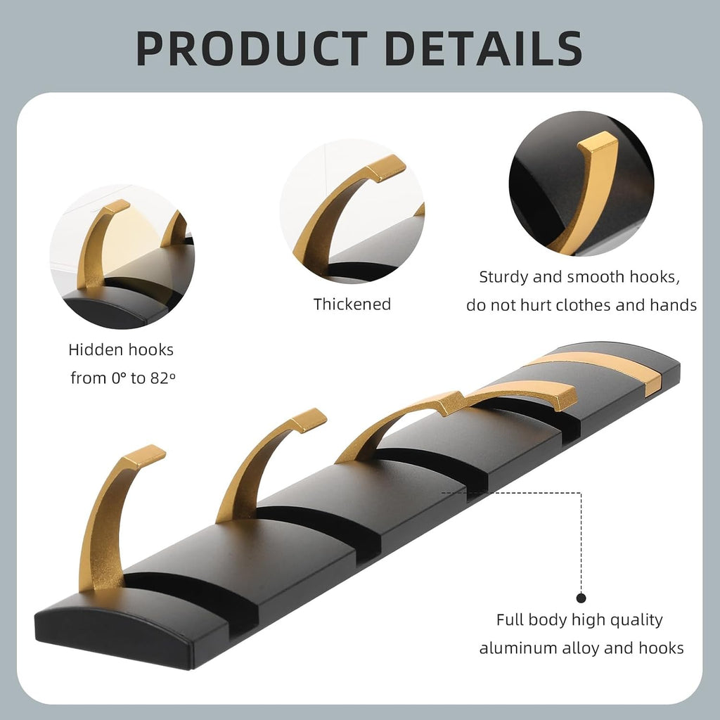 Foldable Stylish Modern Hook Rack with 5 Hooks, Coat Hooks Wall Mount, Metal Coat Hook Rail for Coat Hat Towel Purse Robes Mudroom Bathroom Entryway (Black and Gold)