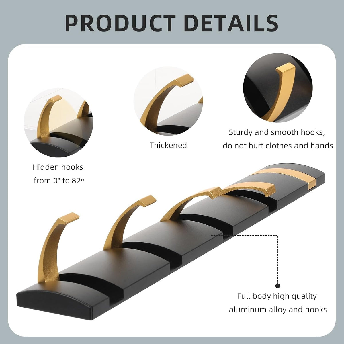 Foldable Stylish Modern Hook Rack with 5 Hooks, Coat Hooks Wall Mount, Metal Coat Hook Rail for Coat Hat Towel Purse Robes Mudroom Bathroom Entryway (Black and Gold)