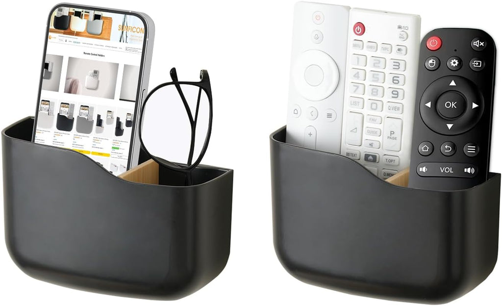 SUNFICON Wall Mount Remote Holder TV FAN Remote Control Holder Bedside Caddy Wall Organizer Phone Holder for Office Adhesive Media Player Controller Holder Box Tray Home Desk Nightstand 2 PACK BLACK