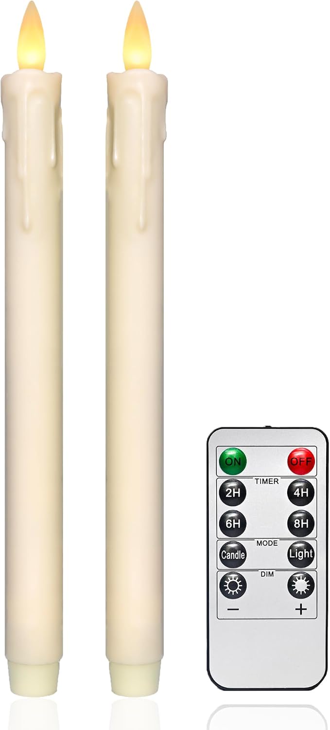 Dripping Flameless Taper Candles Flickering with Remote and Timer, 3D Moving Flame Taper Candle Battery Operated to 400 Hours, 9 Inch Window Candles. (Ivory, 9in)