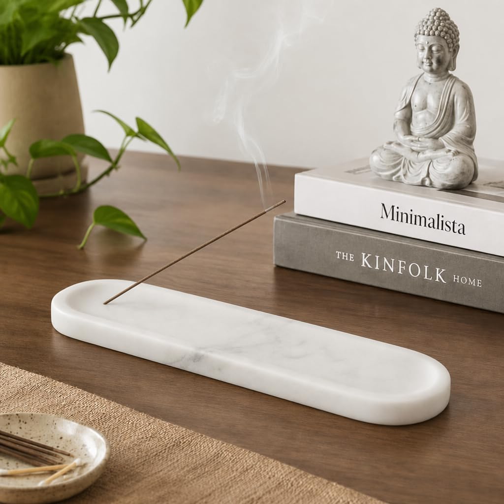 Koville Marble Incense Holder, Natural Stone Incense Holder for Sticks, Marble Incense Tray Ash Catcher for Meditation Yoga SPA, Elegant Incense Burner, Home Table Decor(Bianco Palomino