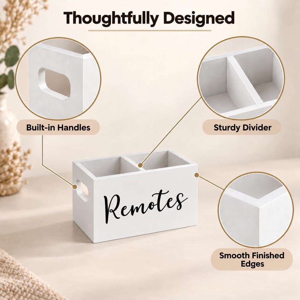 Wooden Remote Control Holder, White, 2 Slots
