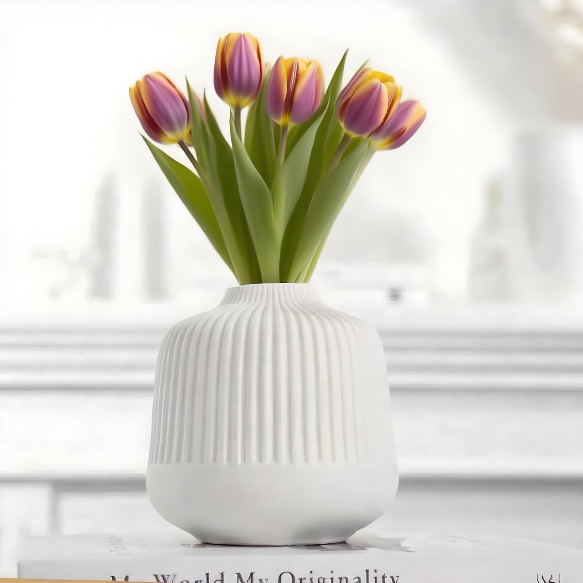 White Ceramic Vase for Flowers, 6 Inch Flower Vases Home Decor, Boho Vases for Pampas Grass,Vase for Centerpieces Living Room Table Entryway Shelf