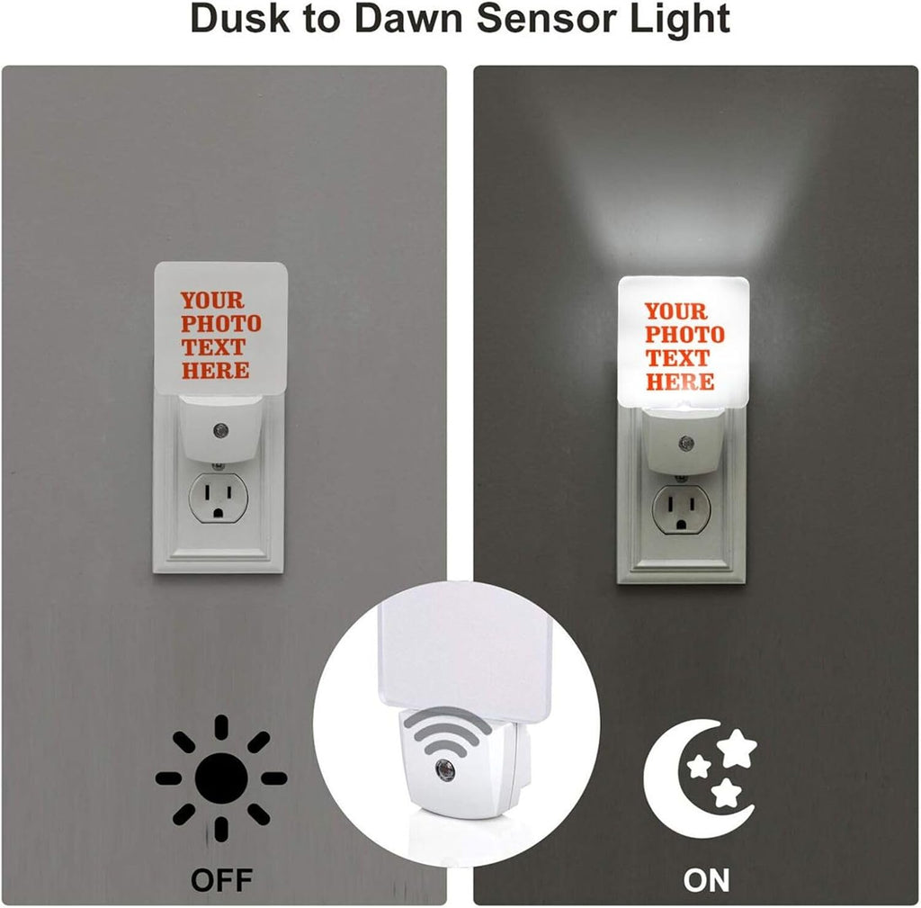 Set of 2 Custom Personalized Led Night Lights, Customize Photo Logo Text Auto Dusk-to-Dawn Sensor Night Lamp Plug-in Home Decorative for Bathroom Hallway Stairs