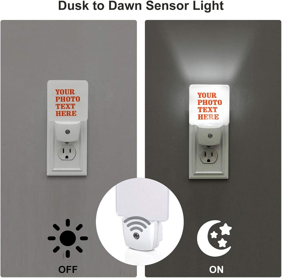Set of 2 Custom Personalized Led Night Lights, Customize Photo Logo Text Auto Dusk-to-Dawn Sensor Night Lamp Plug-in Home Decorative for Bathroom Hallway Stairs
