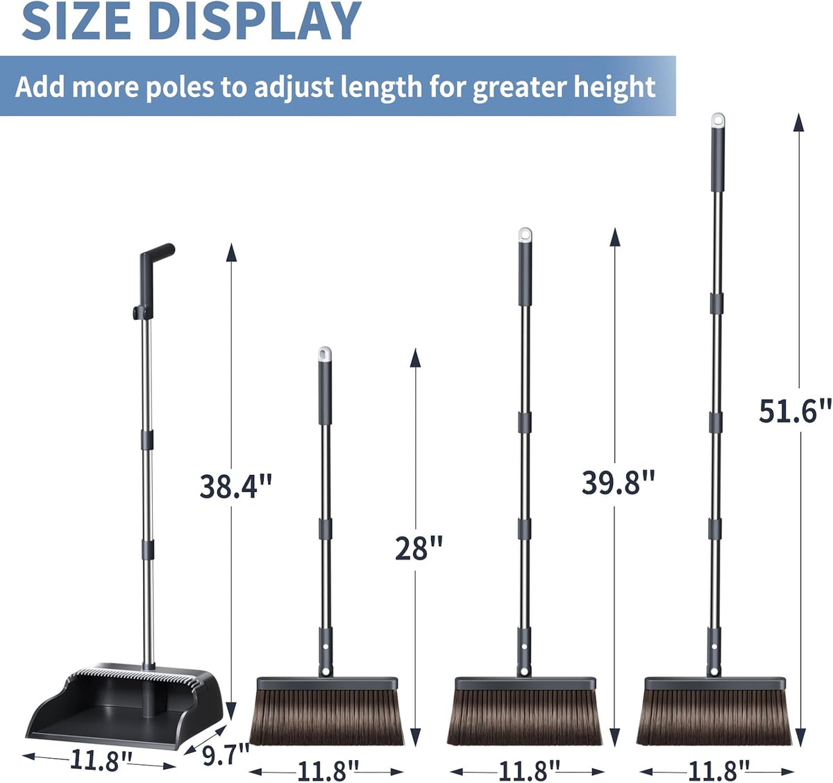 Broom with Dustpan Combo Set, Broom and Dustpan Set with 51.6" Long Handle & Two Broom Heads, Brooms with Dust Pan Teeth for Pet Hair, Indoor&Outdoor Sweeping, Home, Kitchen, Office