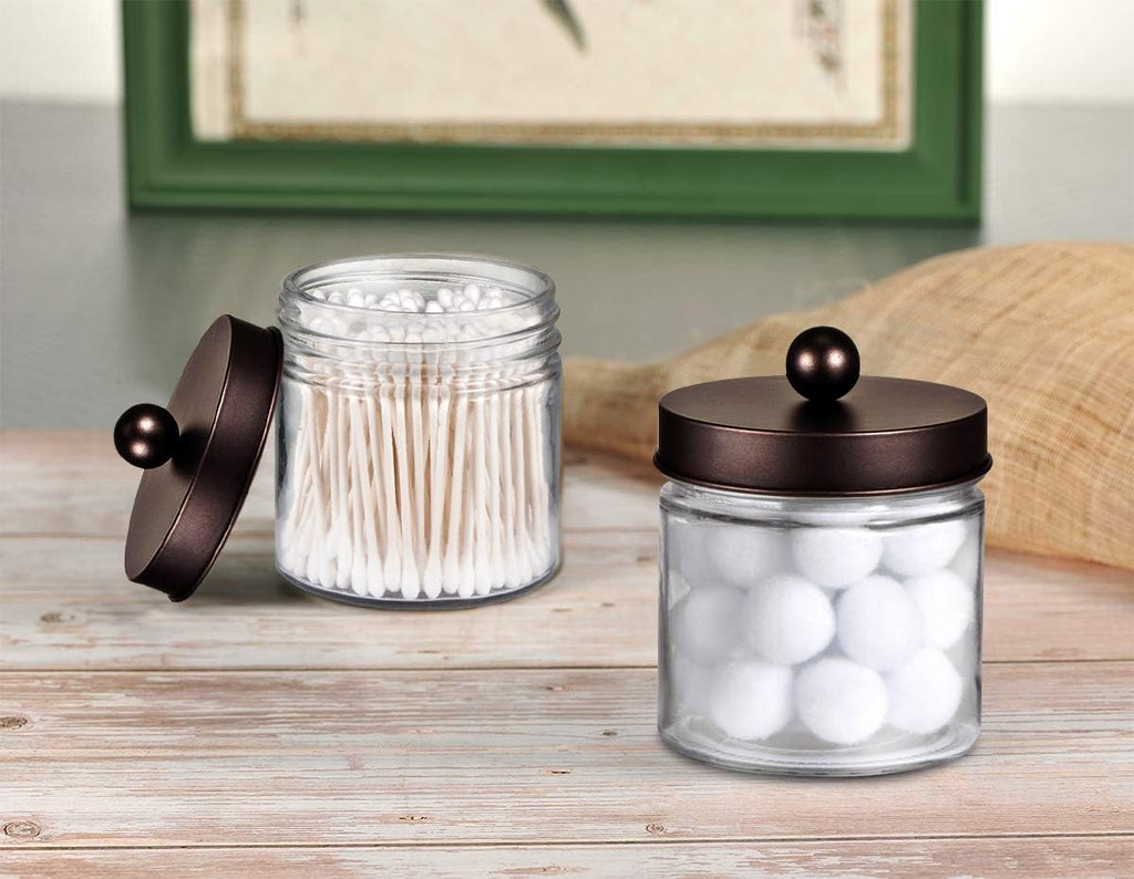 SheeChung Glass Mason Jar Qtip Holder, Bronze Stainless Steel Lids, 2 Pack