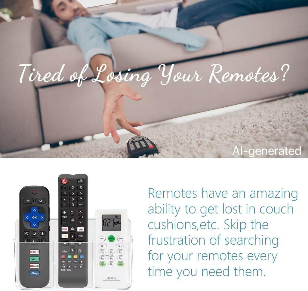 3 Slot Adjustable Remote Control Holder Wall Mount, TV Remote Box Hollow Bottom Slot Easy Phone Charging, Self Adhesive Remote Holder,Wall Pen Holder Storage for Home Office School (Clear)