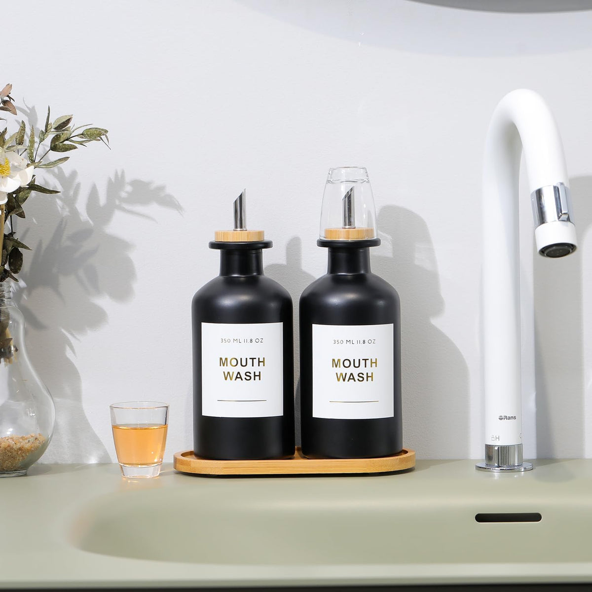 11.8OZ Glass Mouthwash Dispenser, Set of 2, Black