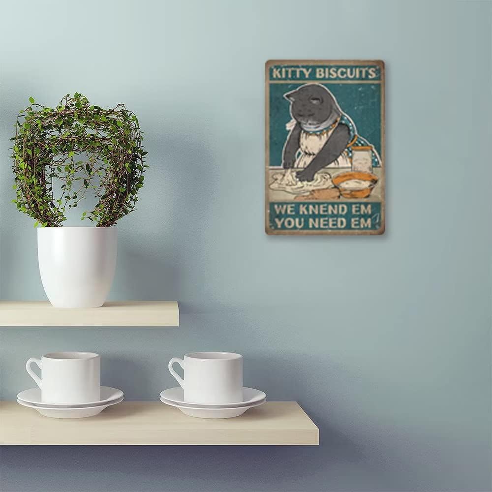 KKitty Biscuits - 8x12 Inches Retro Metal Tin Sign, Funny Cute Cat Wall Art Decor for Home Kitchen Farm Restaurant Bakery, Baking Sign Gift for Cat Lovers, Friends, Family