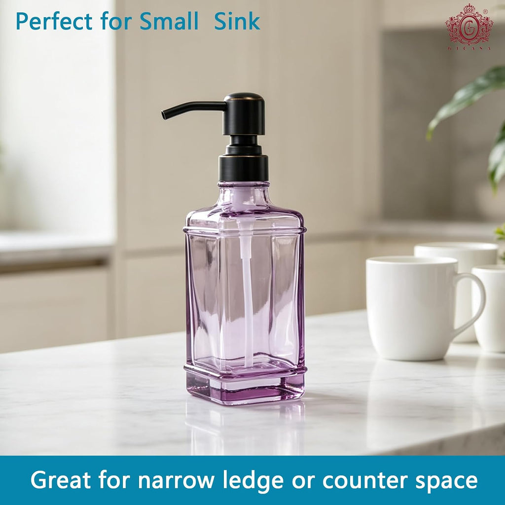 Soap Dispenser，10 Oz Antique Design Thick Glass Hand Soap Dispensers; with 304 Rust Proof Stainless Steel Pump, 6Pcs Stickers, for Kitchen,Bathroom Purple+Oil Rubbed Bronze