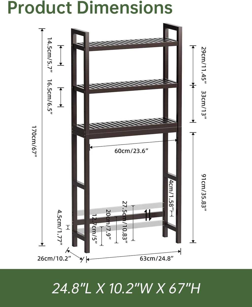 SMIBUY Bathroom Storage Shelf, Bamboo Over-The-Toilet Organizer Rack, Freestanding Toilet Space Saver with 3-Tier Adjustable Shelves (Dark Brown)