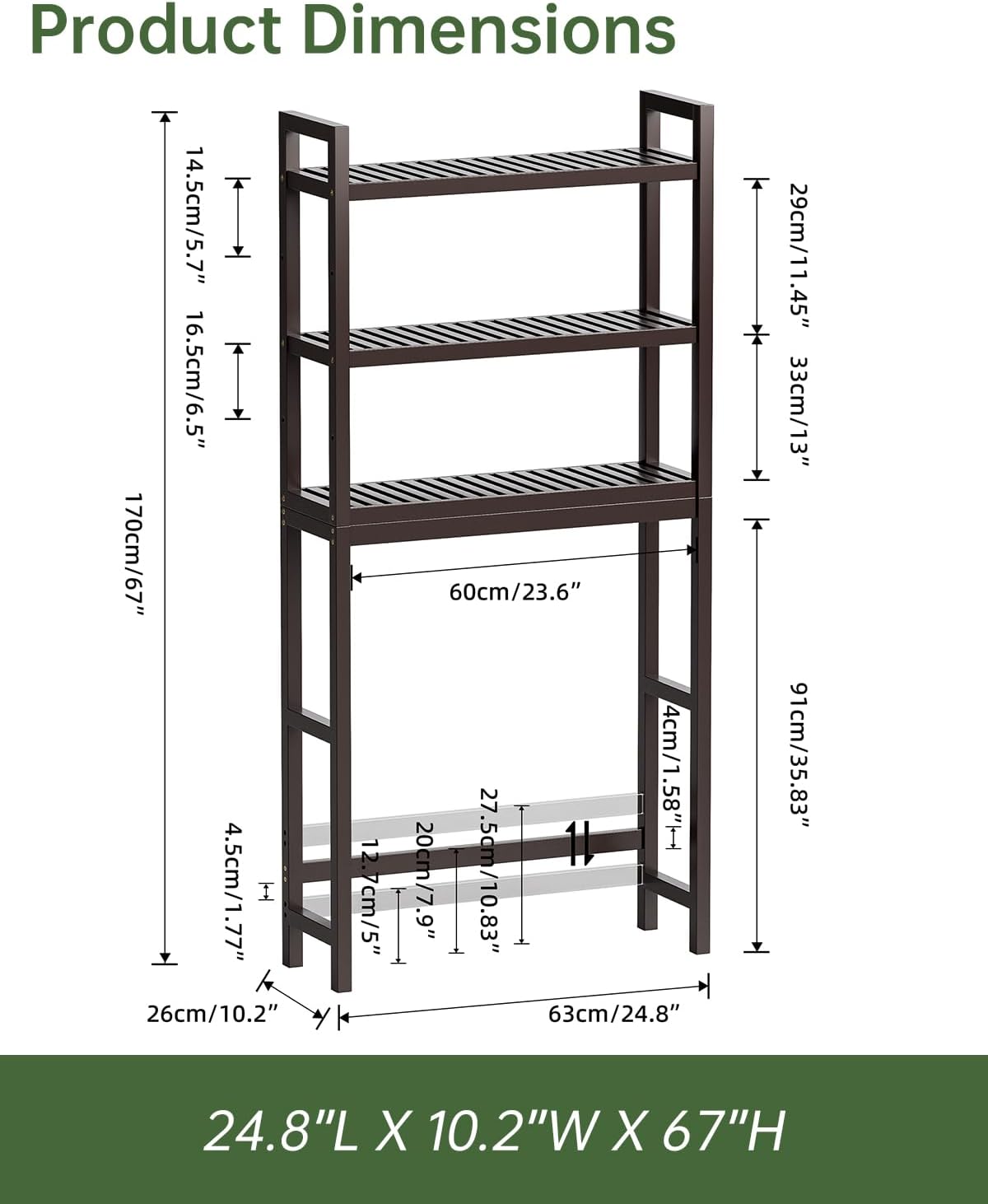 SMIBUY Bathroom Storage Shelf, Bamboo Over-The-Toilet Organizer Rack, Freestanding Toilet Space Saver with 3-Tier Adjustable Shelves (Dark Brown)