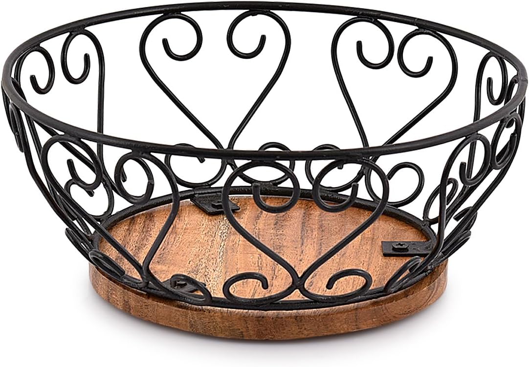 EDHAS Iron Fruit Bowl With Wooden Base for Kitchen Countertop & Dining Room and Pantries (9" x 9" x 4")