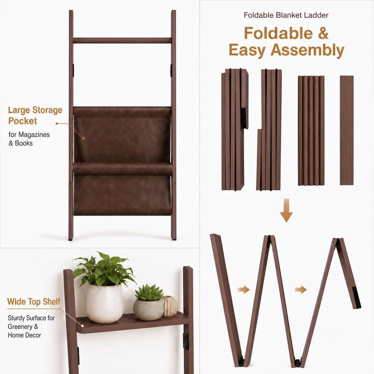 BAMBANG 71" 4-in-1 Blanket Ladder for Living Room, 5-Tier Leaning Bamboo Decorative Towel & Quilt Rack with Magazine Leather Pocket, 4 Detachable Hanging Bars, Space-Saving Shelf for Bedroom (Brown)
