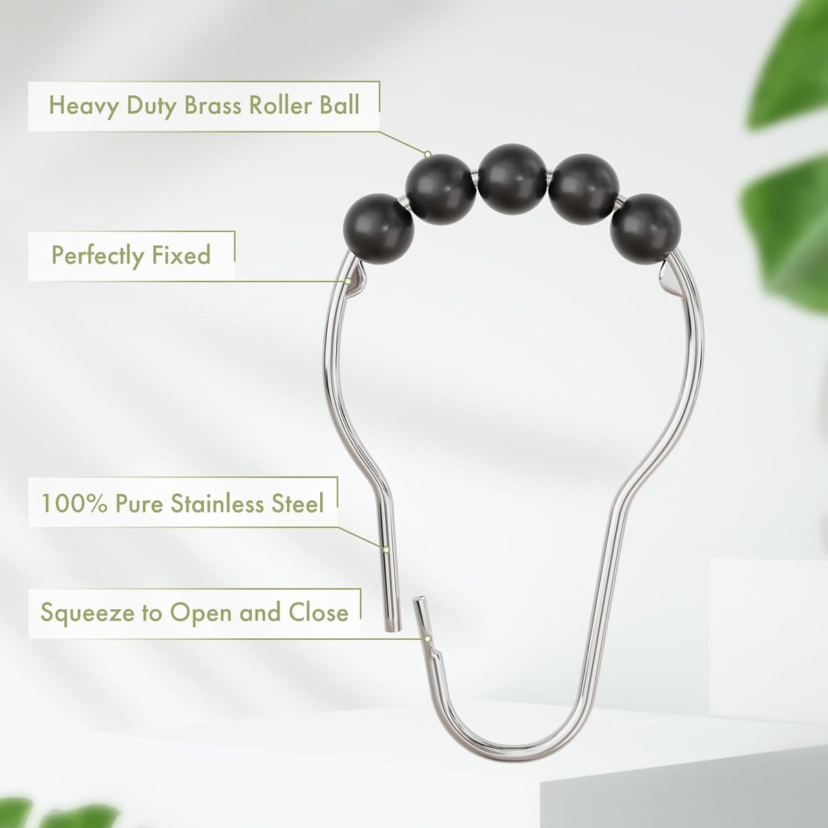 Amazer Black Shower Curtain Hooks, Decorative Rust Proof Acrylic Balls Shower Curtain Hooks, Stainless Steel Shower Hooks for Shower Curtain Bathroom Shower Hooks-Set of 12