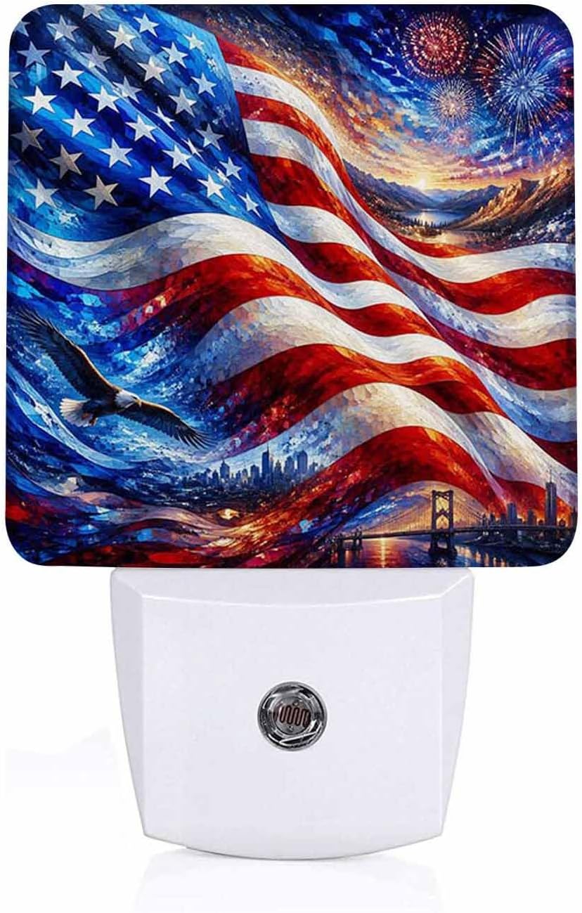 LED Night Light Lamp with Smart Sensor Dusk to Dawn Sensor,Dynamic Flowing Style Patriotic American Flag Red White and Blue Colors Blend Overlap Night Light Daylight White,0.5W Plug-into Wall