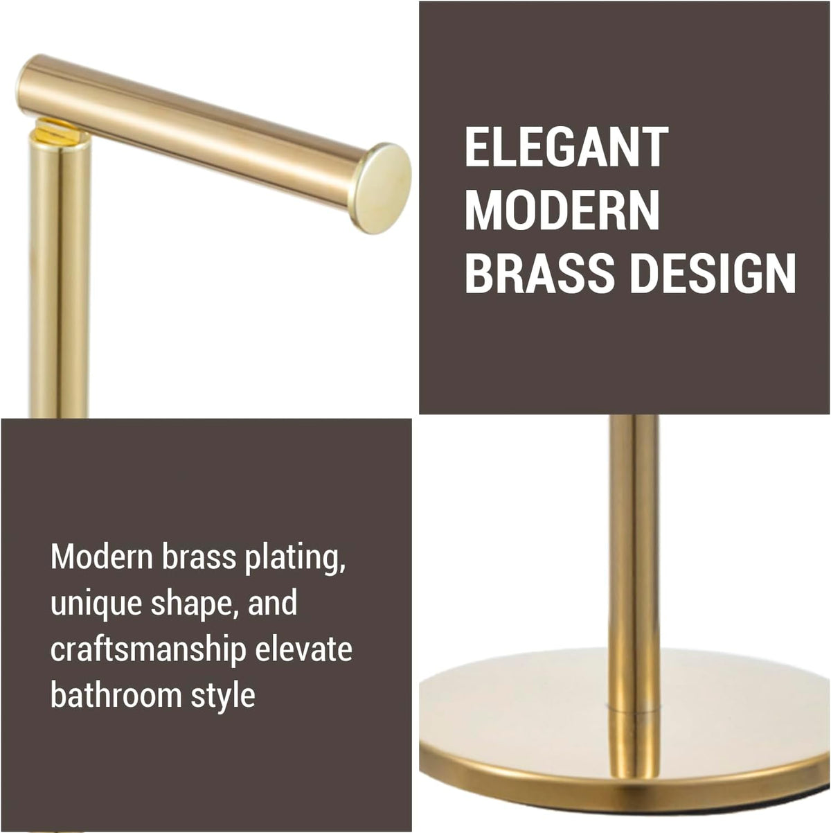 MyGift Modern Brass Tone Metallic Plated Floor Standing Toilet Paper Holder Stand with Roll Reserve Storage Holder, Elegant Freestanding Bathroom Toilet Tissue Dispenser
