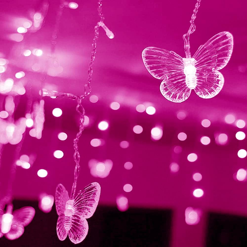 Lainin USB Powered String Light 13FT 96LED Curtain Light 18 Butterflies Strings 8 Mode Fairy Light Strip for Party Indoor Outdoor Room Garden Wall Wedding Christmas Xmas Decorations (Pink)